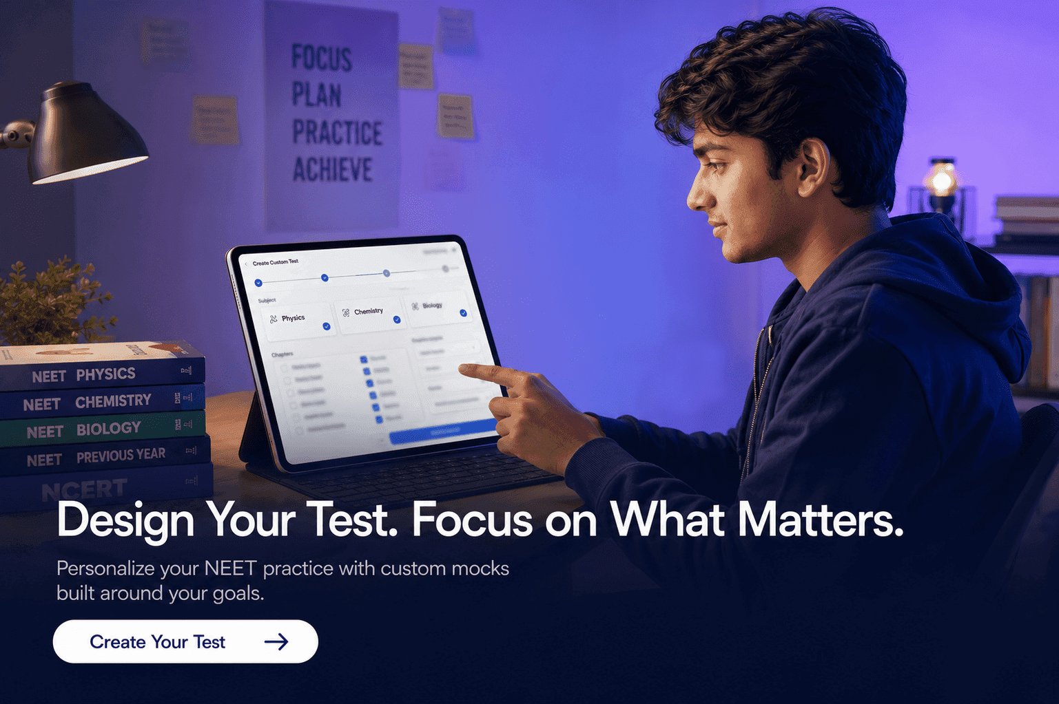 Student creating a personalized NEET mock test on a tablet