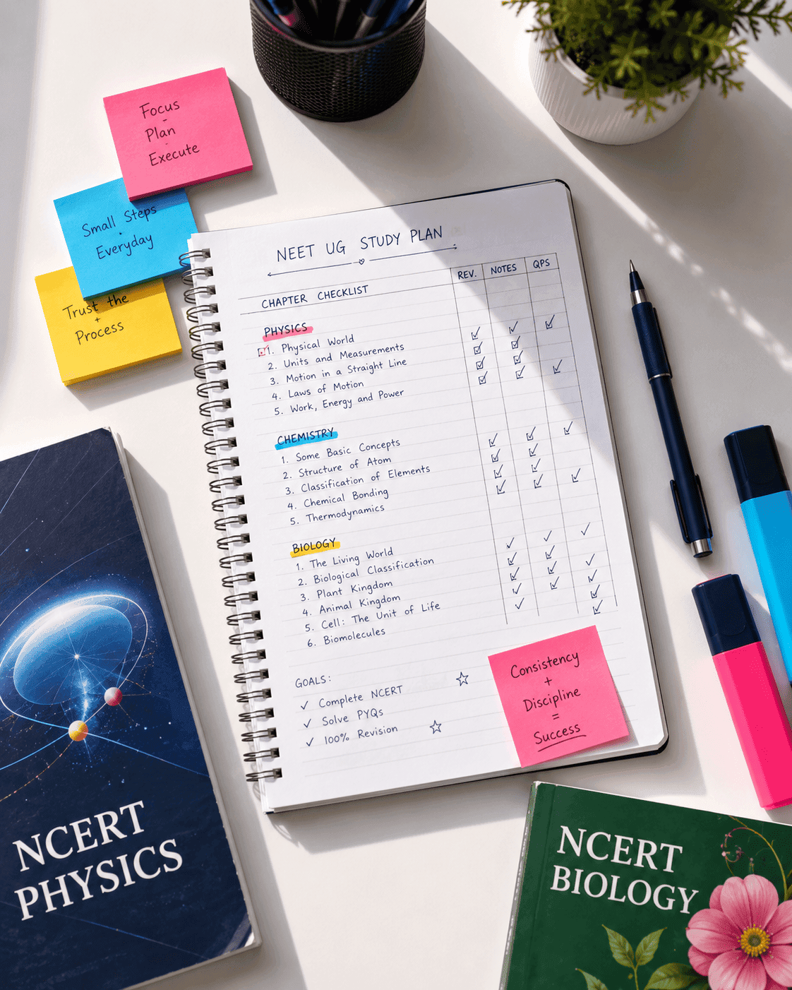 NEET UG study plan with chapter checklist, NCERT books, and revision goals on a clean desk